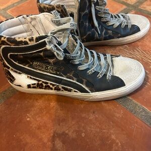 Golden Goose Slides, Size 40 -Leopard Print High-Top Sneakers